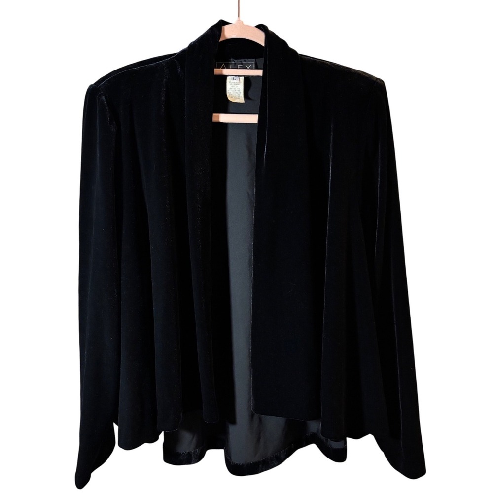 VTG Alex Evenings Womens Black Velvet Open Front Shawl Collar Swing Jacket Large